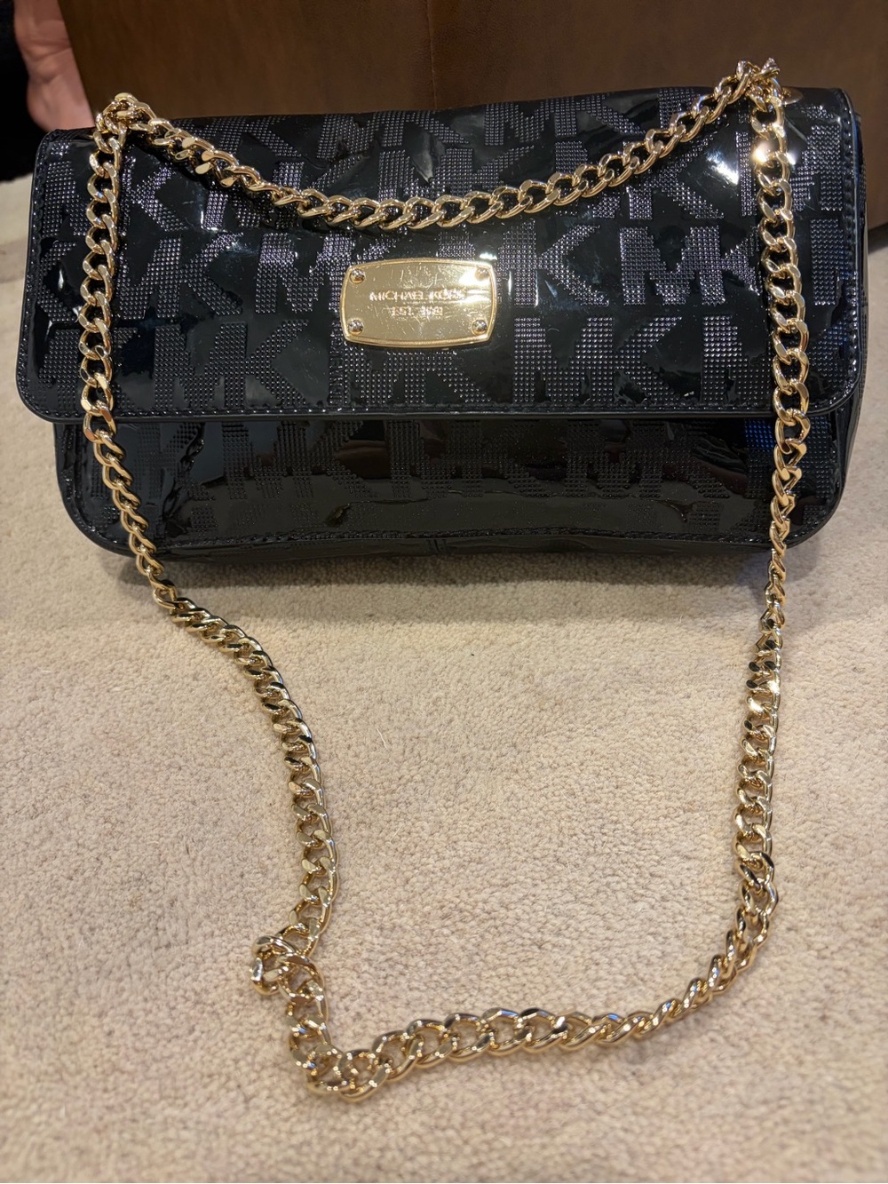 Michael Kors Black Patent Logo Shoulder Bag with Gold Chain